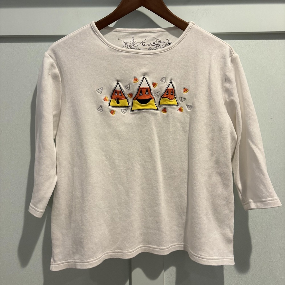 Candy Corn Halloween Shirt‎ Womens Petite Large White 3/4 Sleeve Top Coral Bay